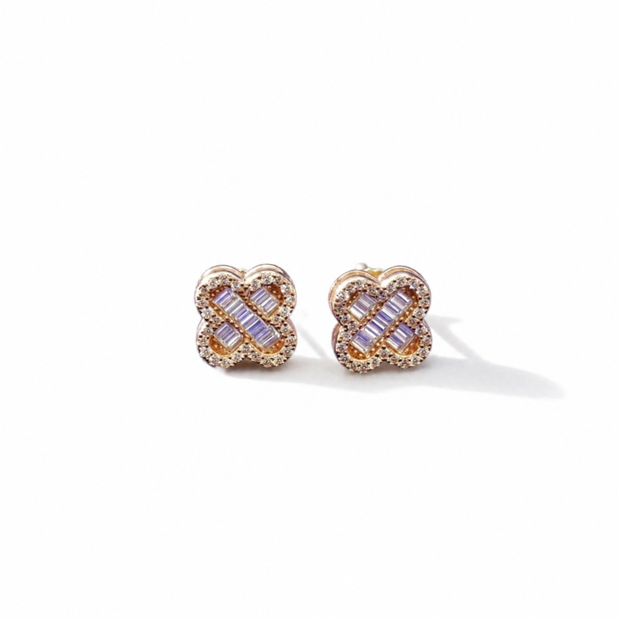 Moissanite clover stud earrings view 3 on clean white background