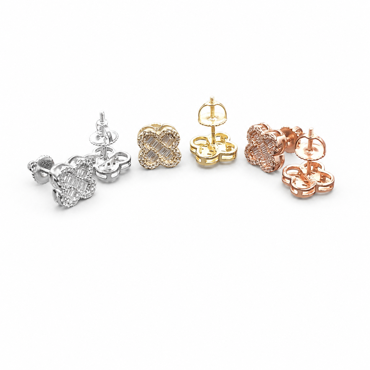 Moissanite clover stud earrings view 6 on clean white background
