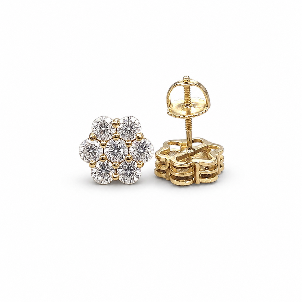 Moissanite flower cluster stud earrings on clean white background – gold front and back view