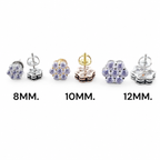 Moissanite flower cluster stud earrings size guide on clean white background