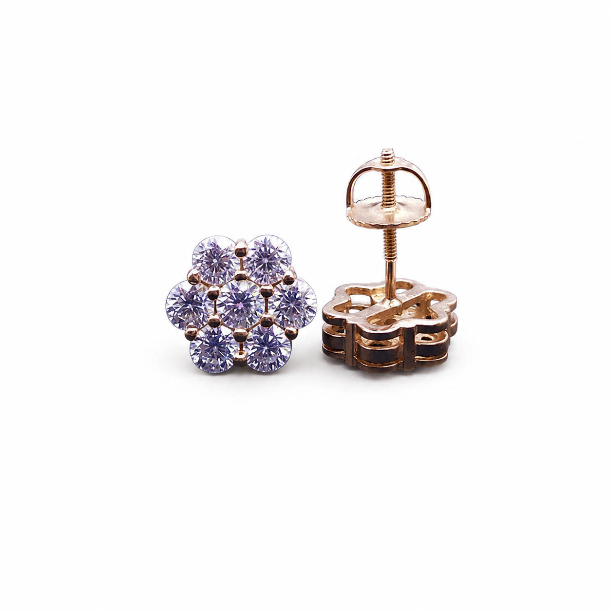 Rose gold moissanite flower cluster stud earrings on clean white background