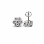 Silver moissanite flower cluster stud earrings on clean white background