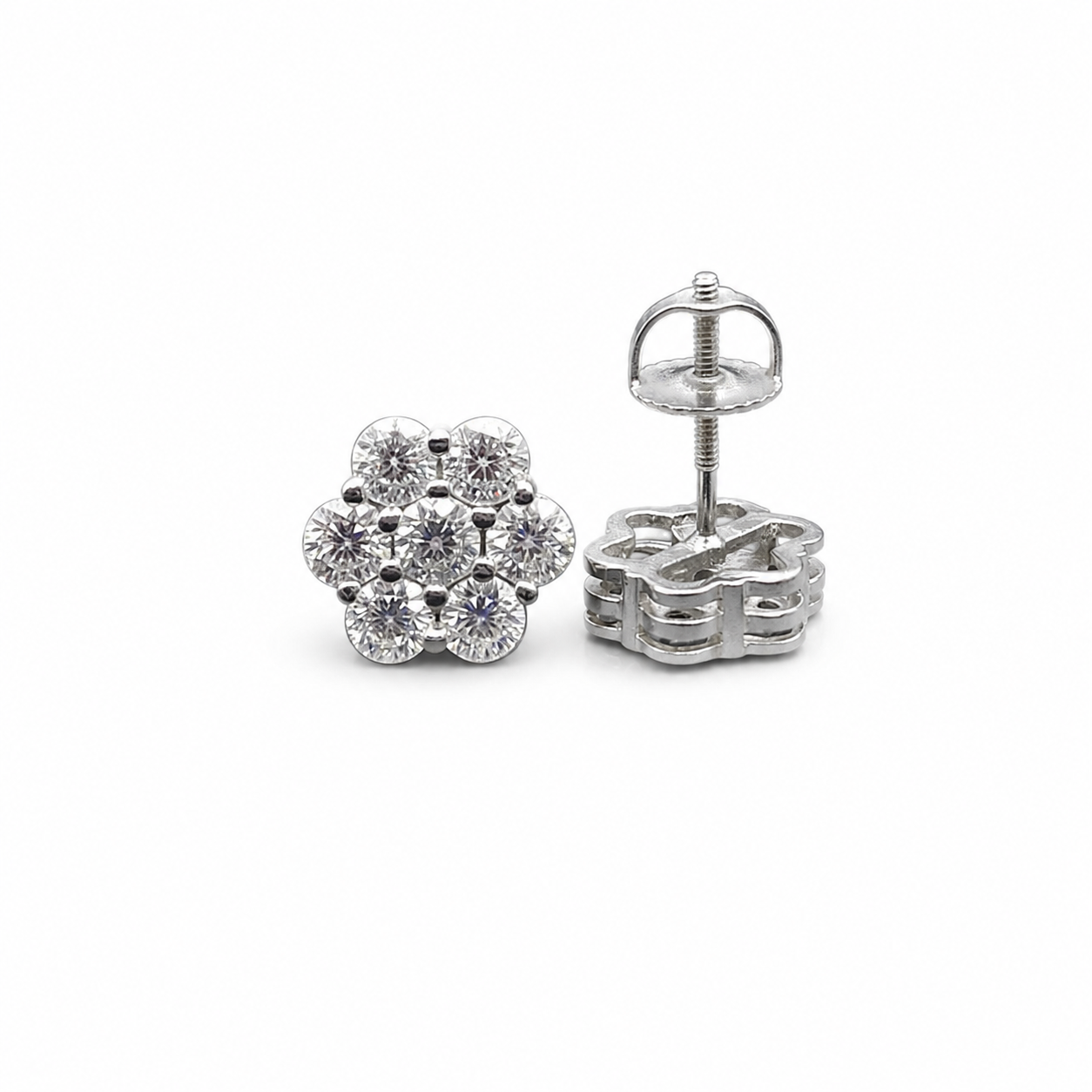Silver moissanite flower cluster stud earrings on clean white background