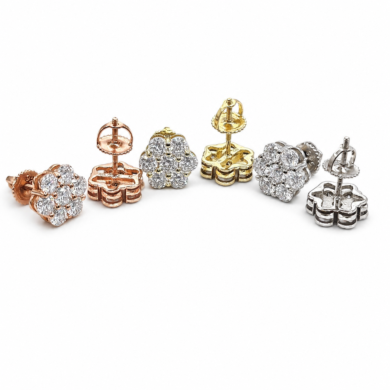 Flower cluster stud earrings in silver gold and rose gold on clean white background