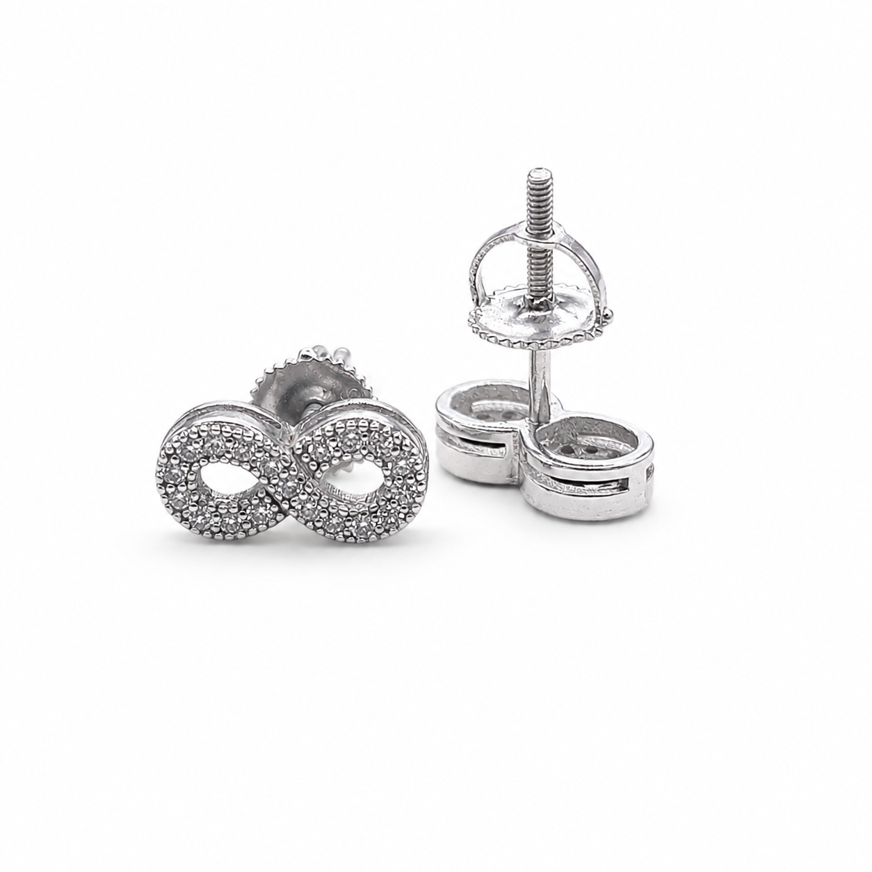 Silver moissanite infinity stud earrings on clean white background