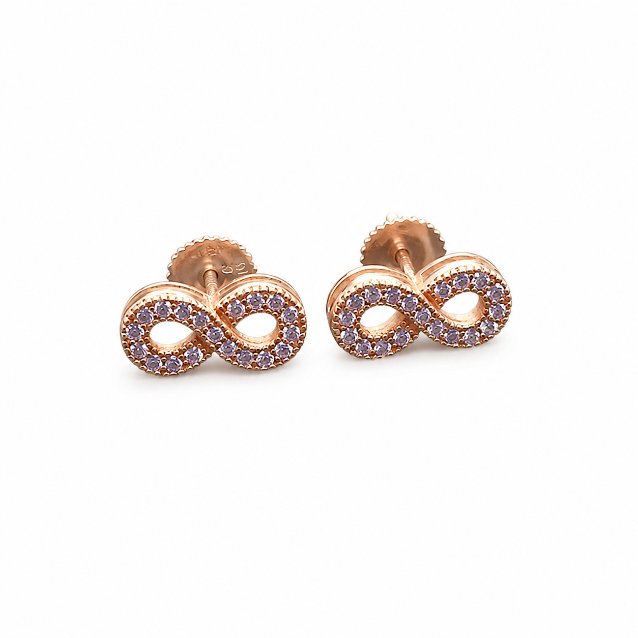 Rose gold moissanite infinity stud earrings on clean white background