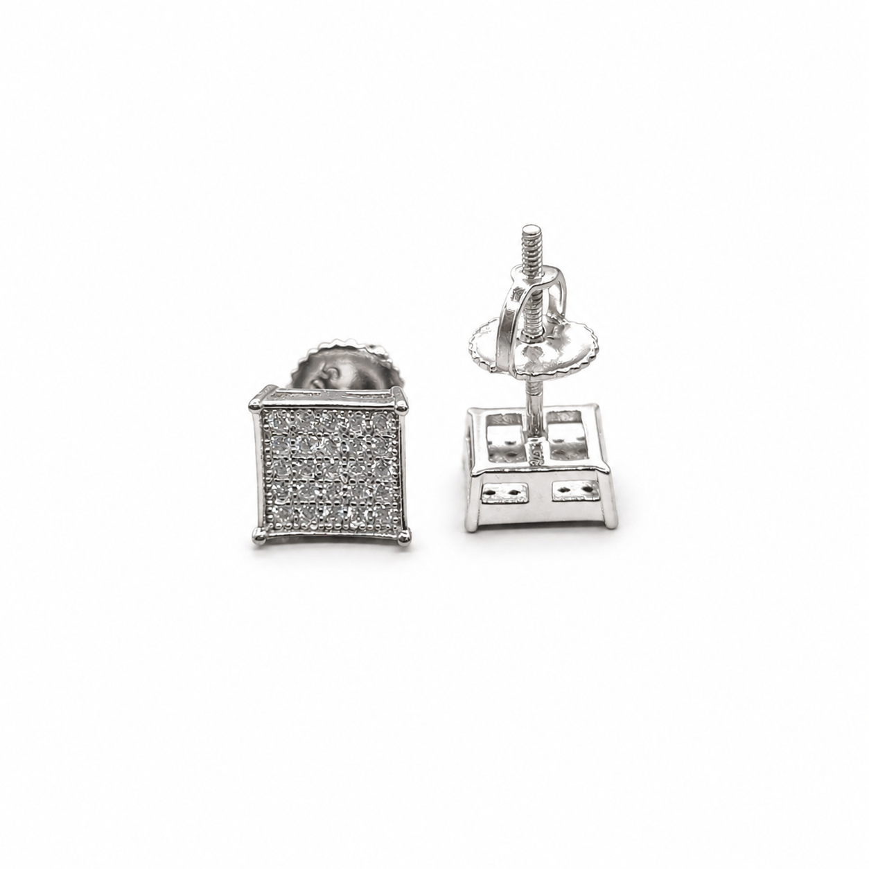 Silver moissanite square stud earrings on clean white background