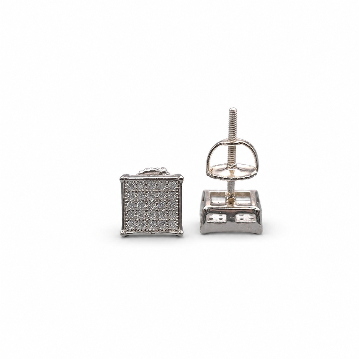 Gold moissanite square stud earrings on clean white background