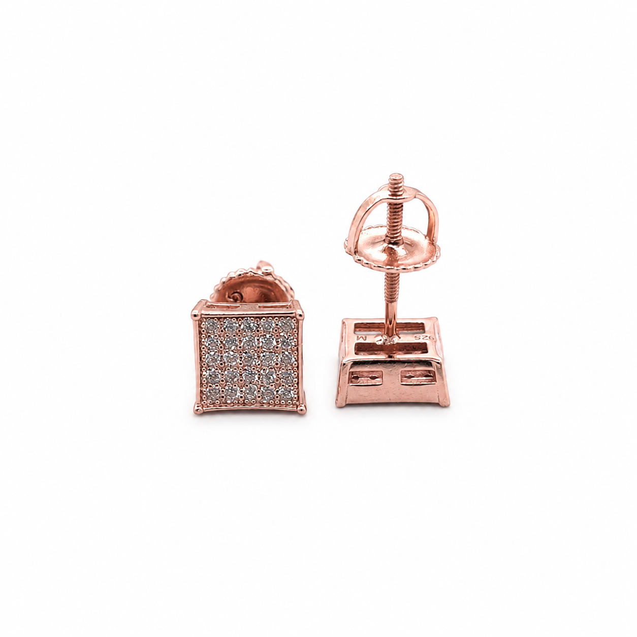 Rose gold moissanite square stud earrings on clean white background