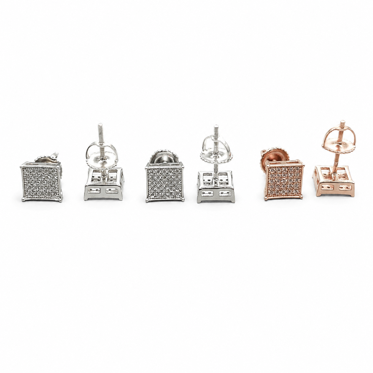 Square stud earrings in silver gold and rose gold on clean white background