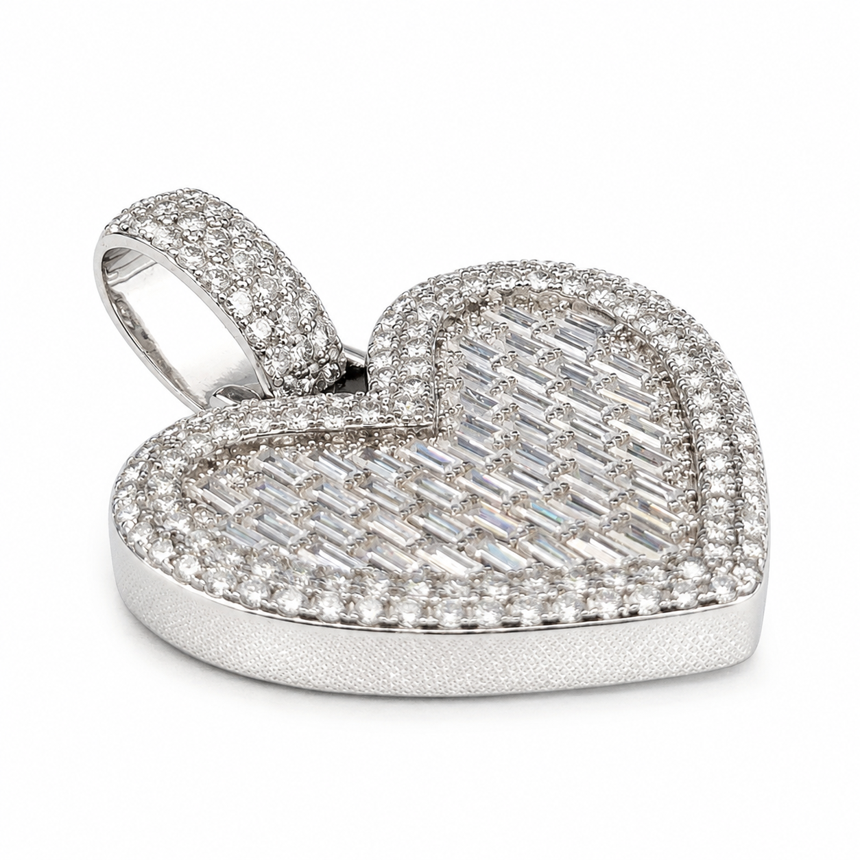 925 Silver Moissanite Baguette Heart Pendant 5.70 CTW - angled view on white
