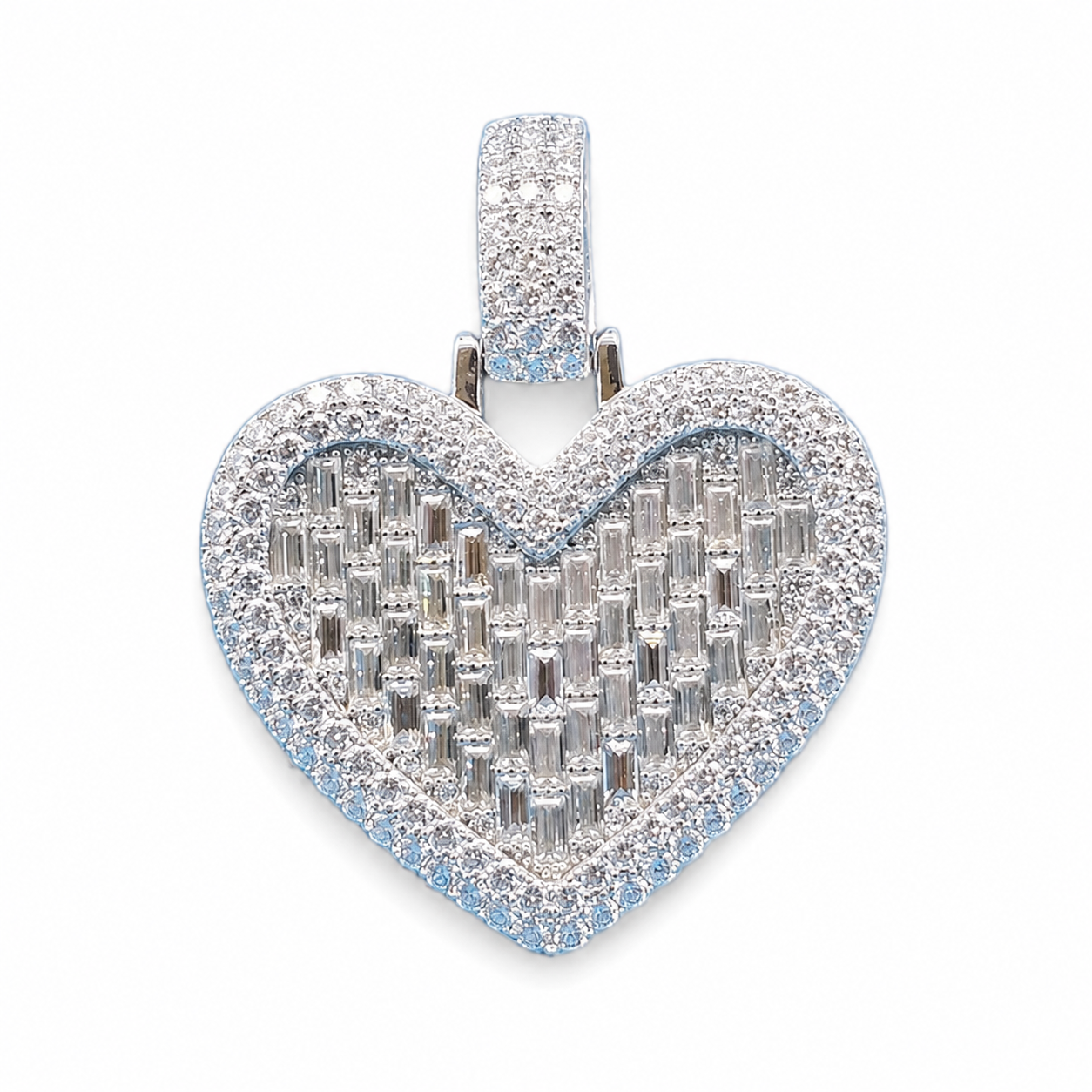 925 Silver Moissanite Baguette Heart Pendant 5.70 CTW - front view on white