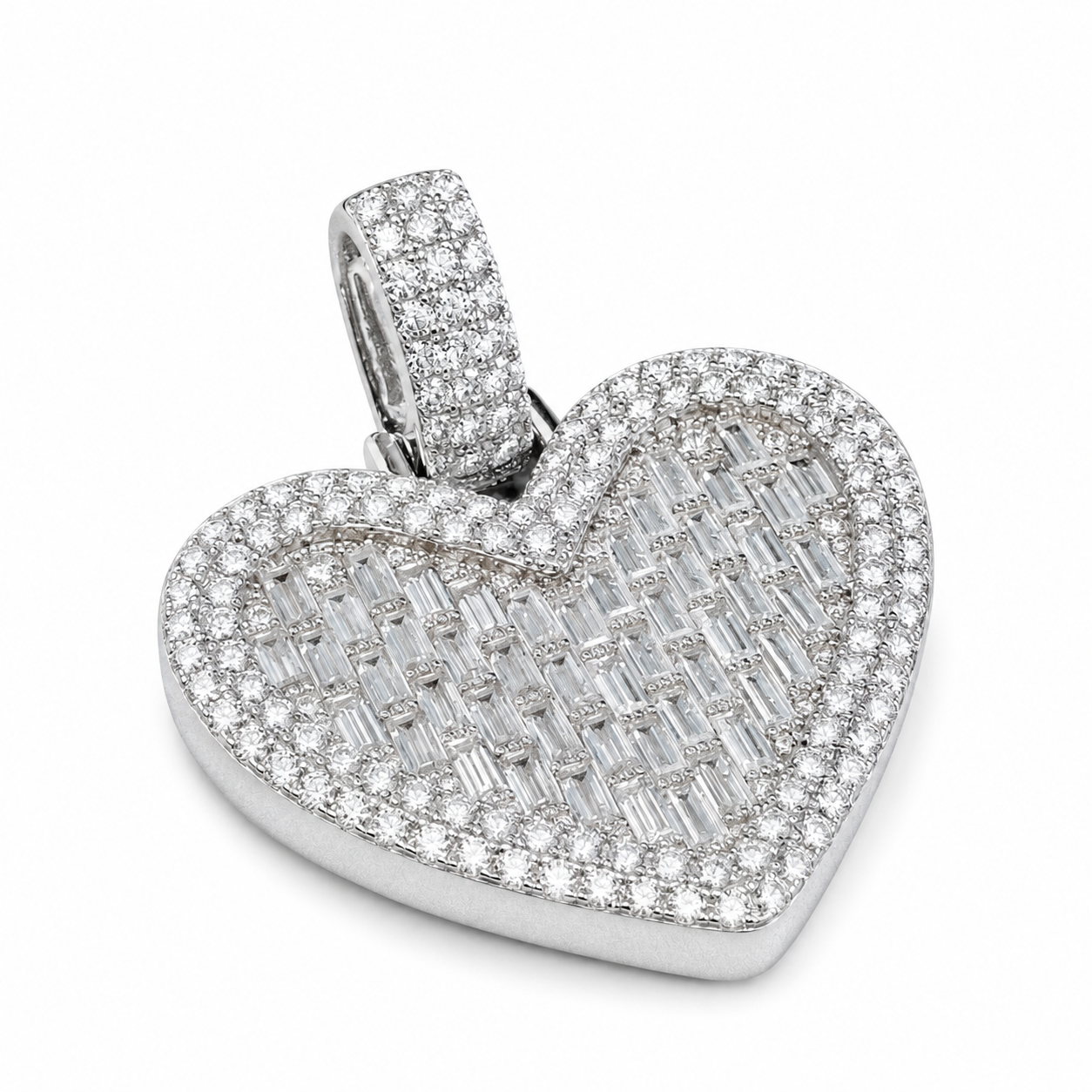 925 Silver Moissanite Baguette Heart Pendant 5.70 CTW - side angle on white