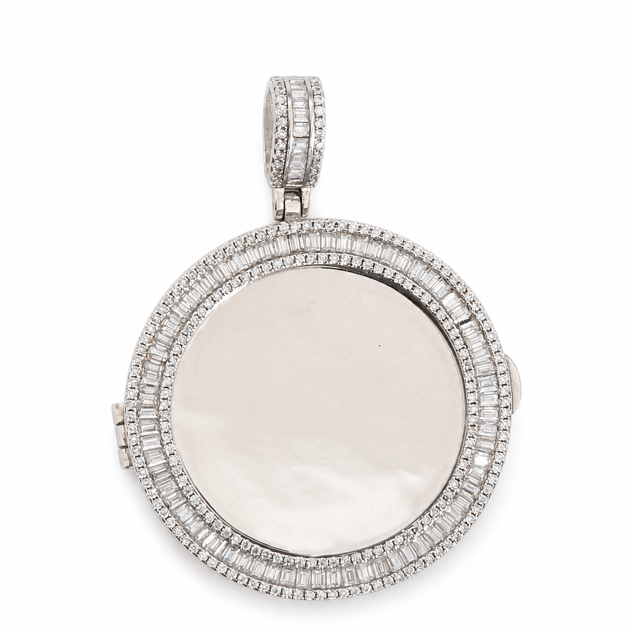 925 Silver Baguette Moissanite Round Photo Memory Pendant - front view on white