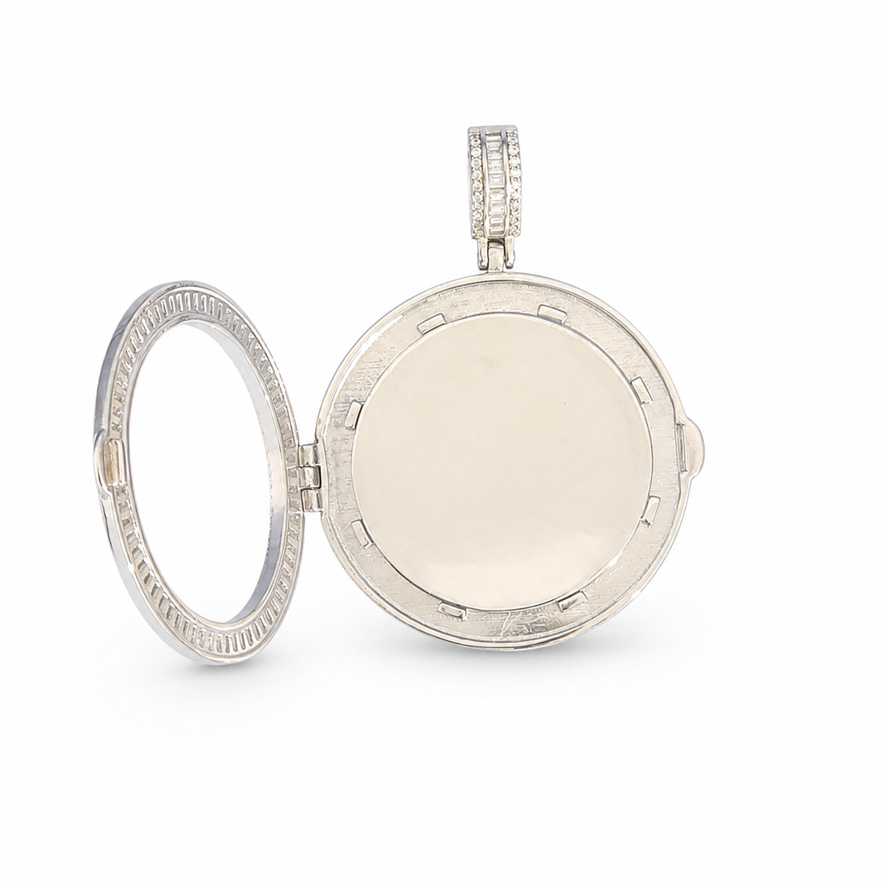 925 Sterling Silver Baguette Moissanite Round Photo Memory Pendant - view 2 on pure white background