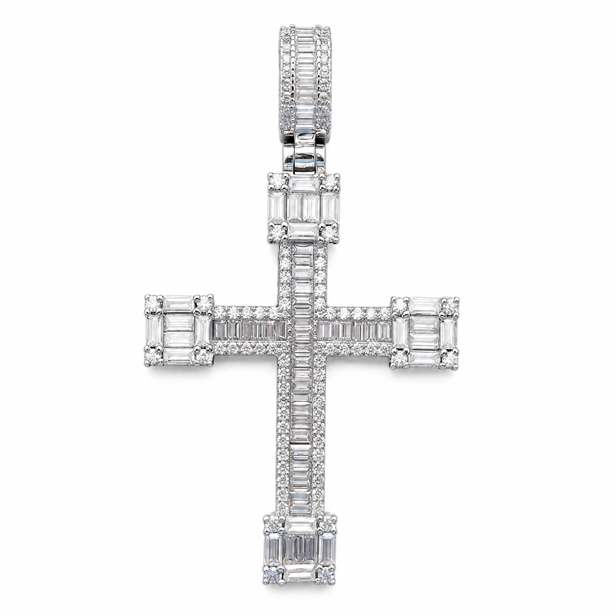 925 Sterling Silver Moissanite Baguette Cross Pendant 4.45 CTW - view 1 on pure white background