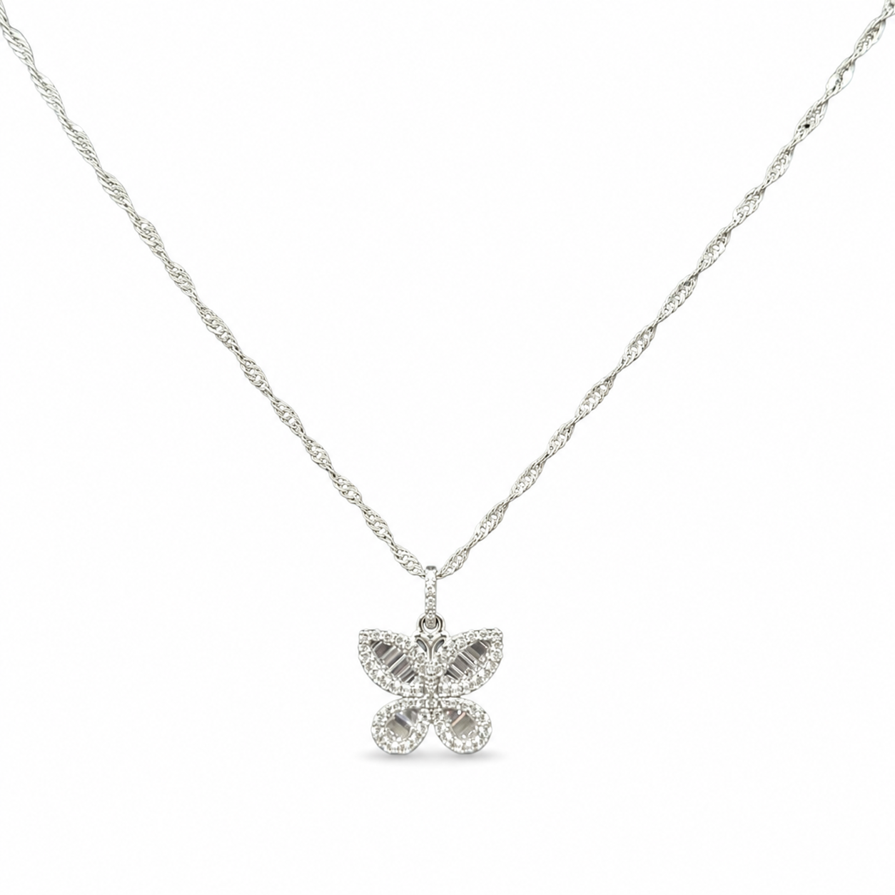 925 Sterling Silver Moissanite Butterfly Pendant with 18" Chain - view 1 on pure white background