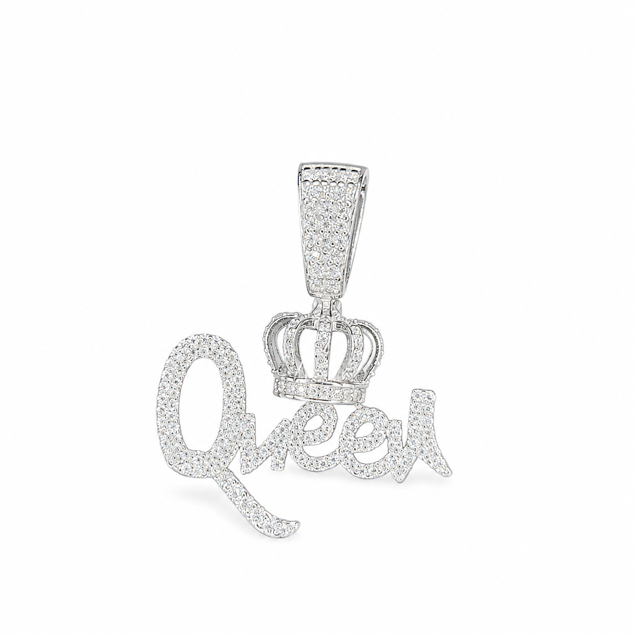 925 Sterling Silver Moissanite Crowned Queen Script Pendant - view 1 on pure white background