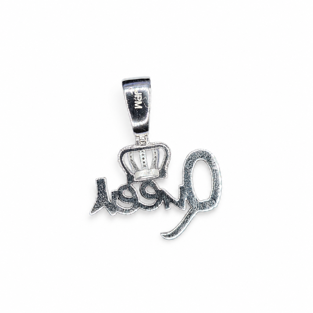 925 Sterling Silver Moissanite Crowned Queen Script Pendant - view 2 on pure white background