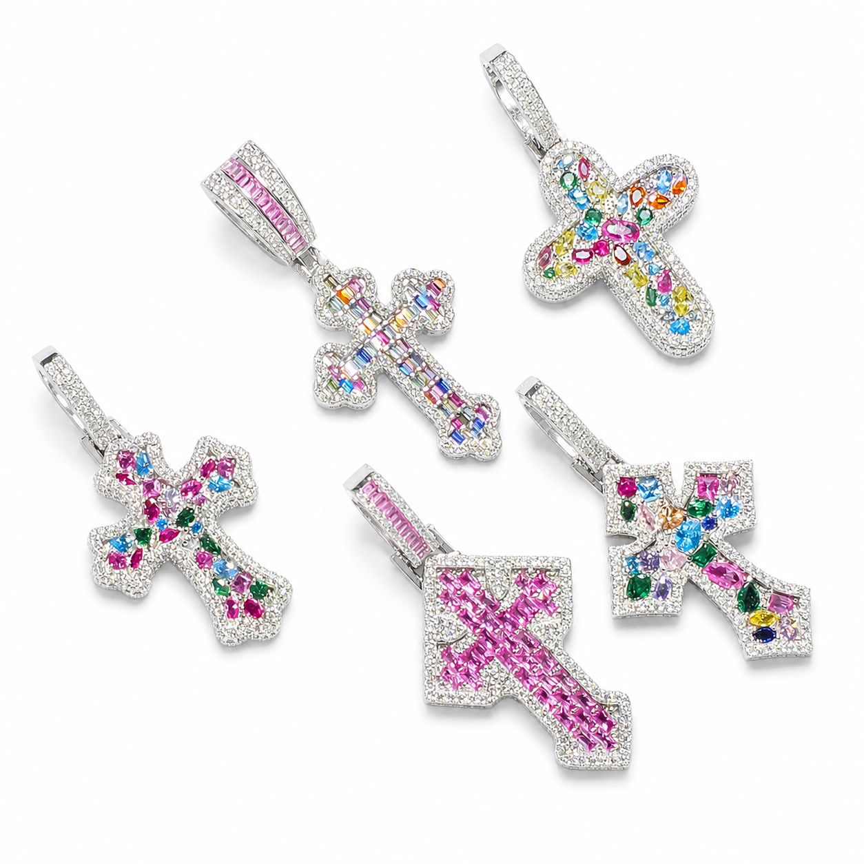 925 Sterling Silver Moissanite Gemstone Cross Pendant - view 1 on pure white background