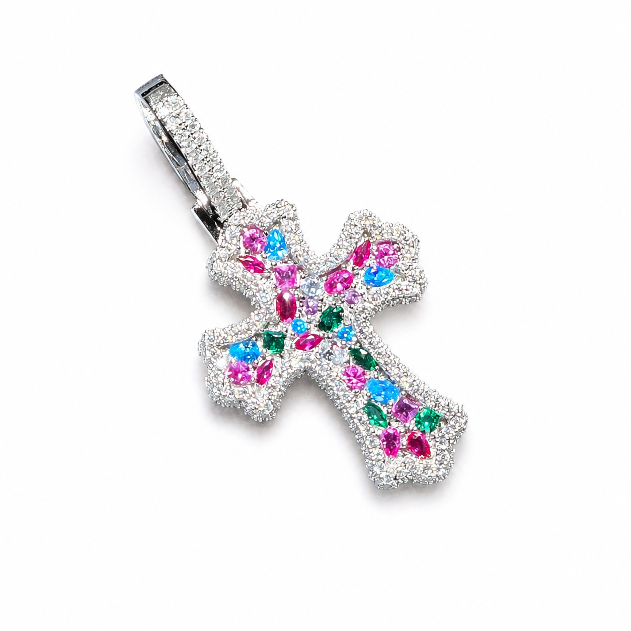 925 Sterling Silver Moissanite Gemstone Cross Pendant - view 2 on pure white background