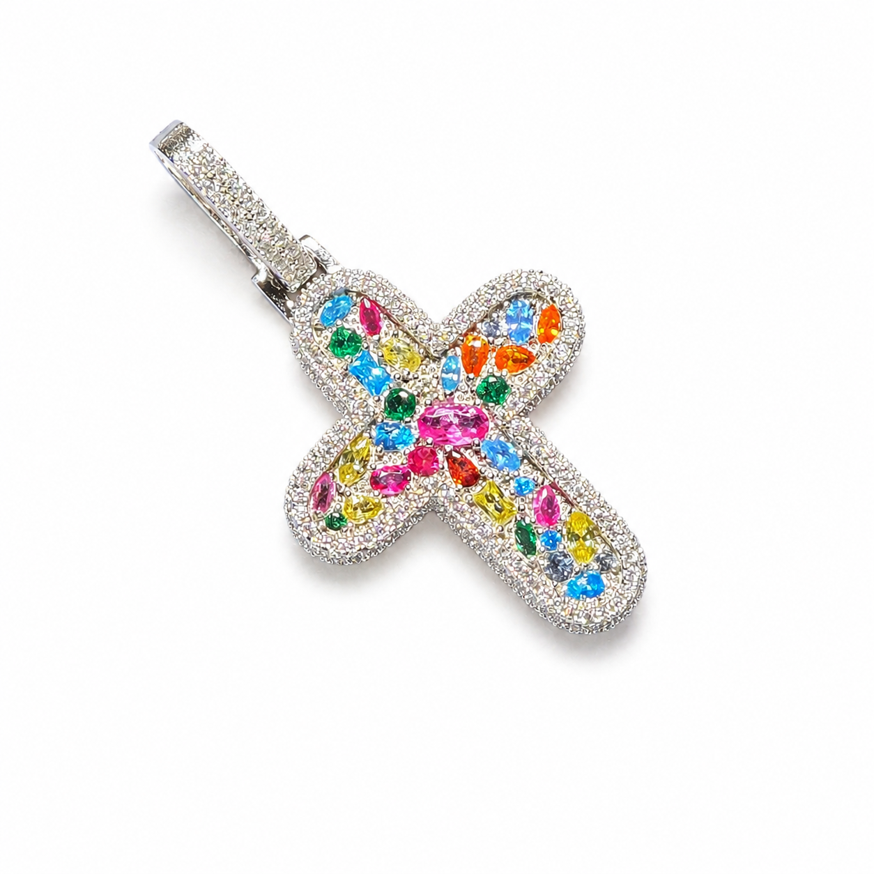 925 Sterling Silver Moissanite Gemstone Cross Pendant - view 3 on pure white background
