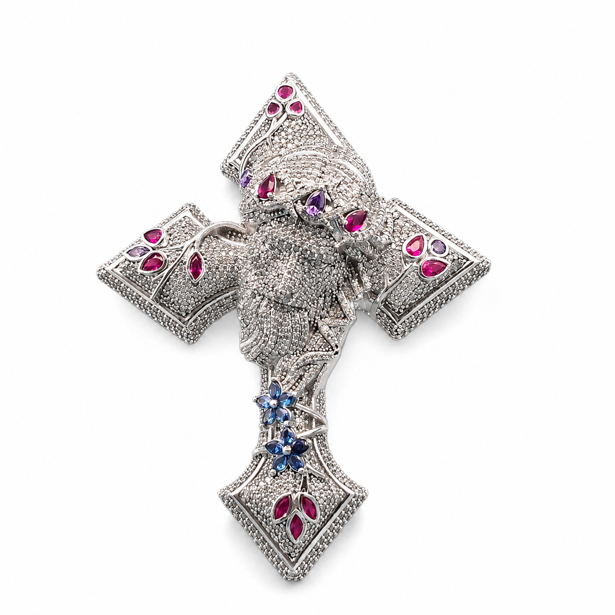 925 Sterling Silver Moissanite Jesus Face Cross Pendant 7.40 CTW - view 1 on pure white background