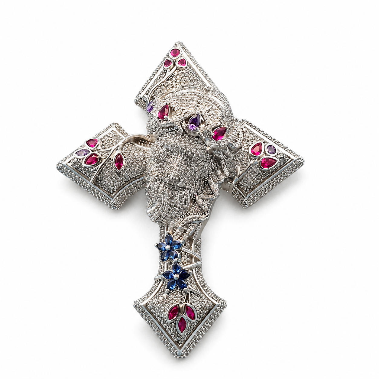 925 Sterling Silver Moissanite Jesus Face Cross Pendant 7.40 CTW - view 3 on pure white background