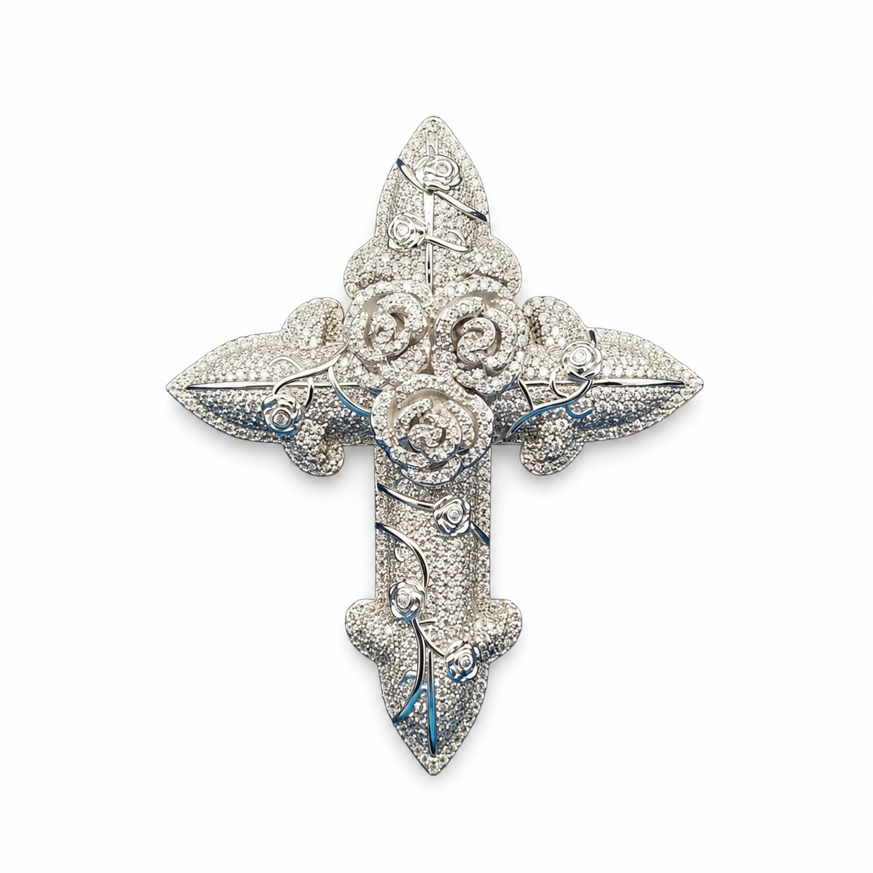 925 Sterling Silver Moissanite Rose Flower Jesus Pendant 31.52 CTW - view 1 on pure white background