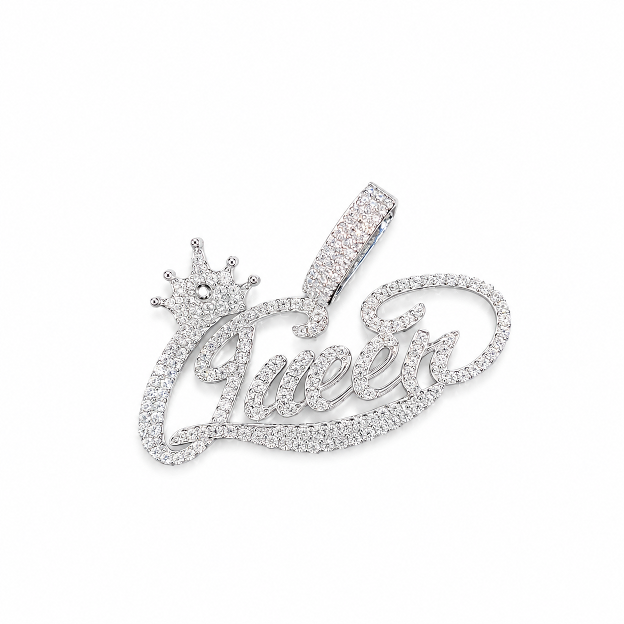 925 Sterling Silver Moissanite Royal Queen Script Pendant - view 1 on pure white background