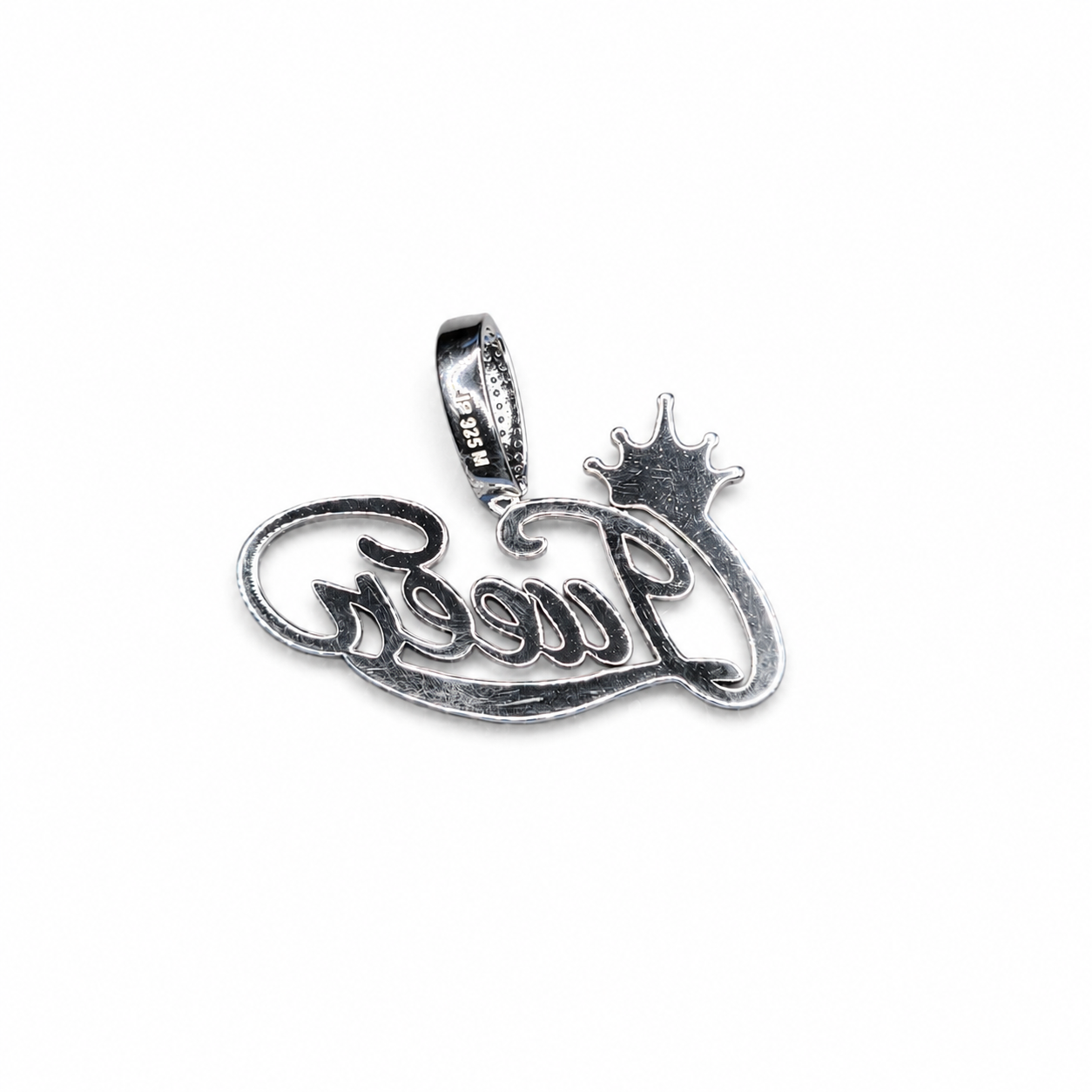 925 Sterling Silver Moissanite Royal Queen Script Pendant - view 2 on pure white background