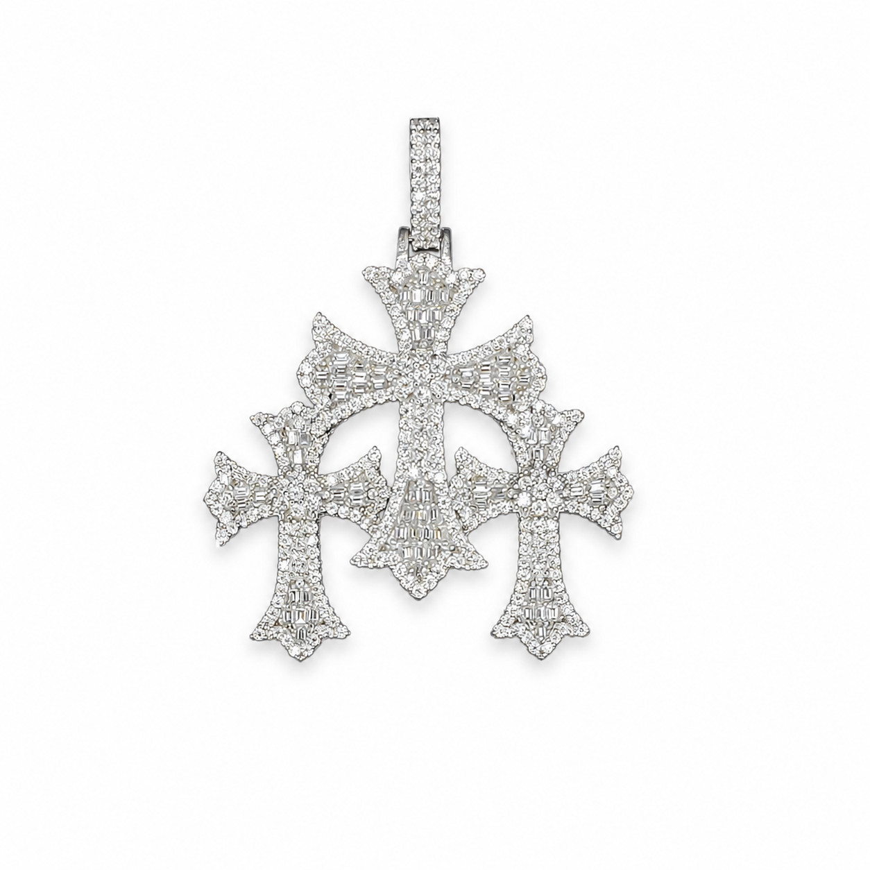 925 Sterling Silver Moissanite Triple Cross Pendant - view 1 on pure white background
