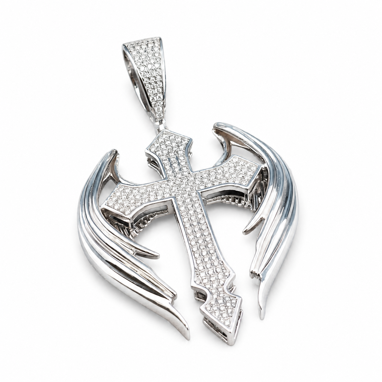 925 Sterling Silver Moissanite Winged Cross Pendant - 3.13 CTW - view 2 on pure white background