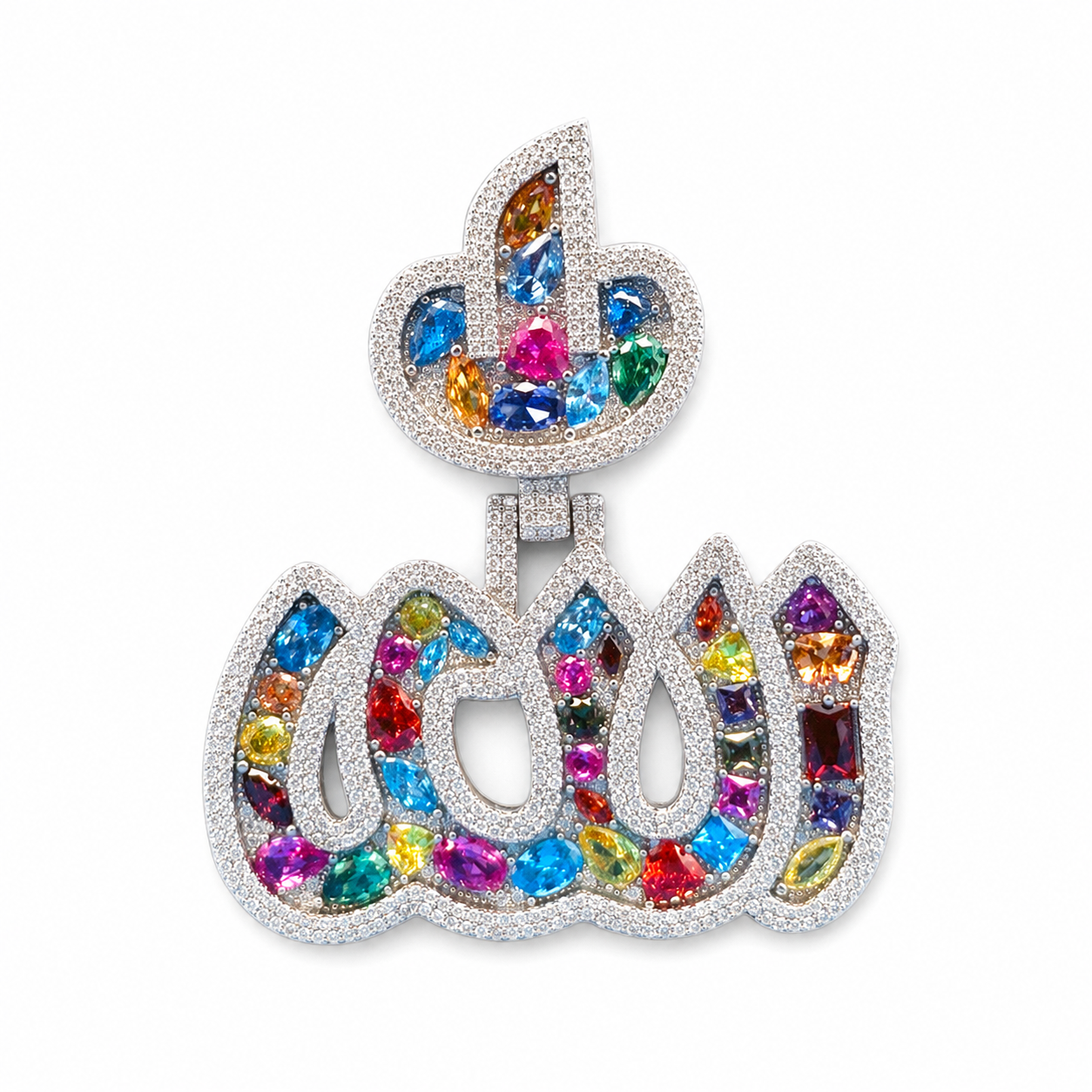 925 Sterling Silver Multicolor Moissanite Allah Pendant - 4.42 CTW - view 3 on pure white background
