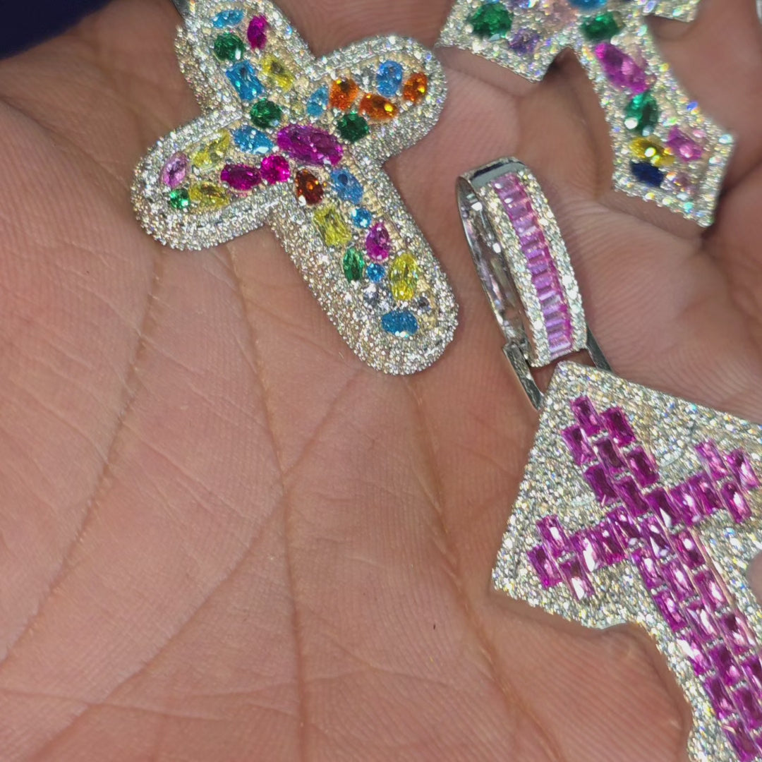 925 Silver Moissanite Gemstone Cross Pendent.