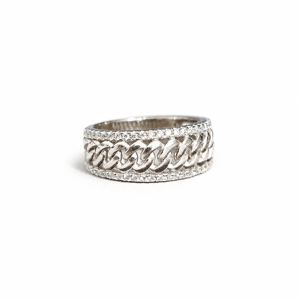 925 Sterling Silver Moissanite Cuban Link Band Ring - view 1 on white background