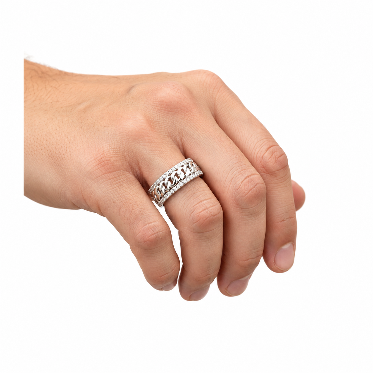 925 Sterling Silver Moissanite Cuban Link Band Ring - view 2 on white background