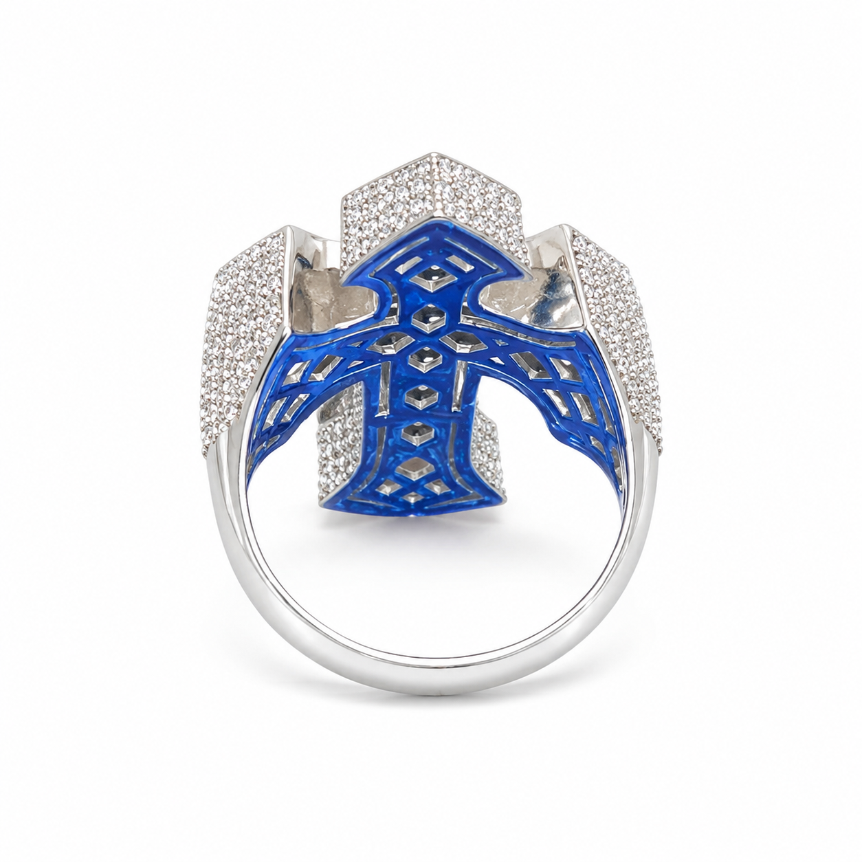 925 Sterling Silver Moissanite Custom Cross Ring - view 3 on white background