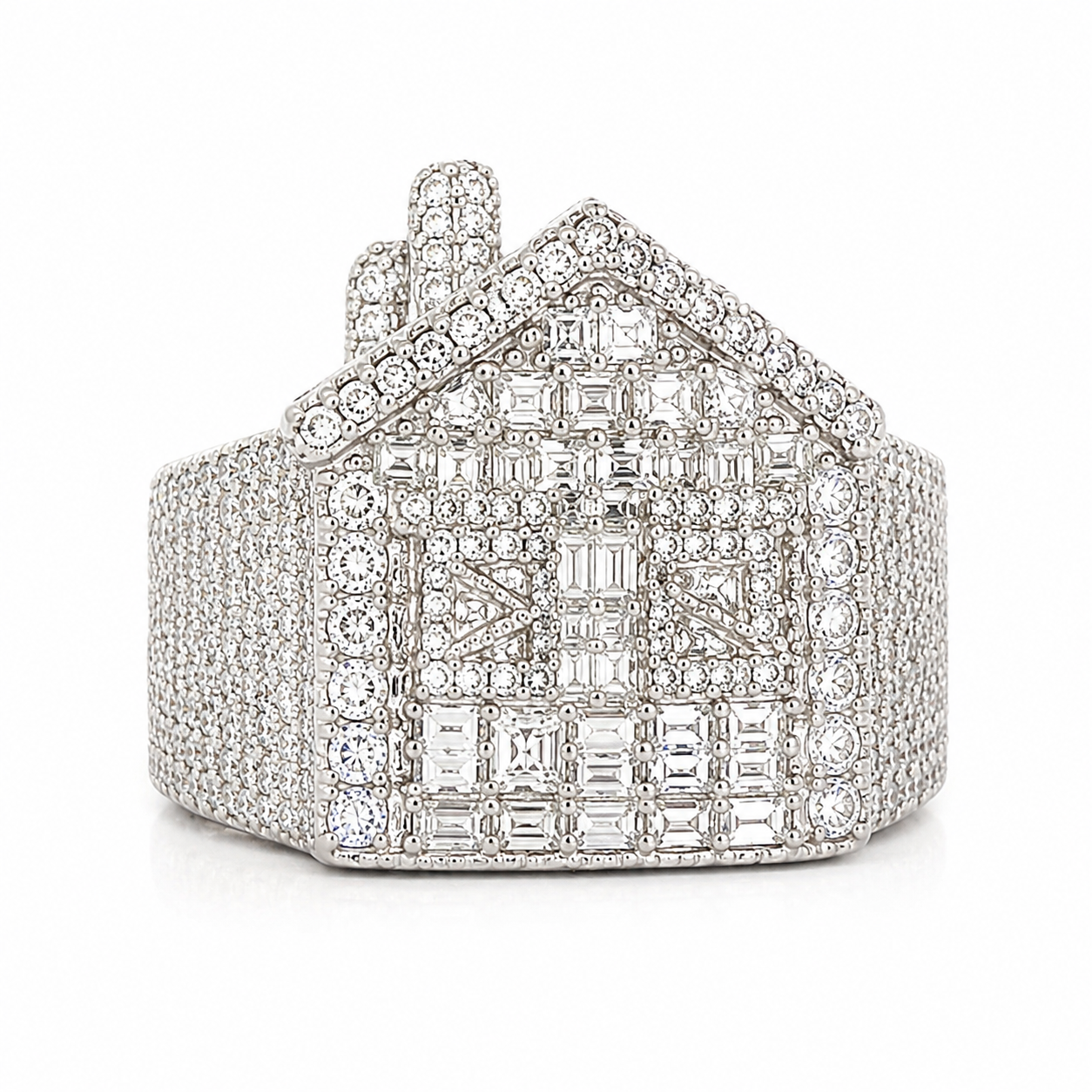 925 Sterling Silver Moissanite Custom Trap House Ring - view 1 on white background