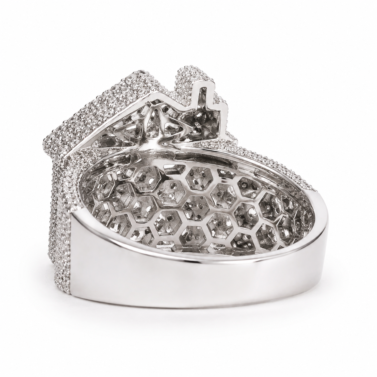 925 Sterling Silver Moissanite Custom Trap House Ring - view 3 on white background