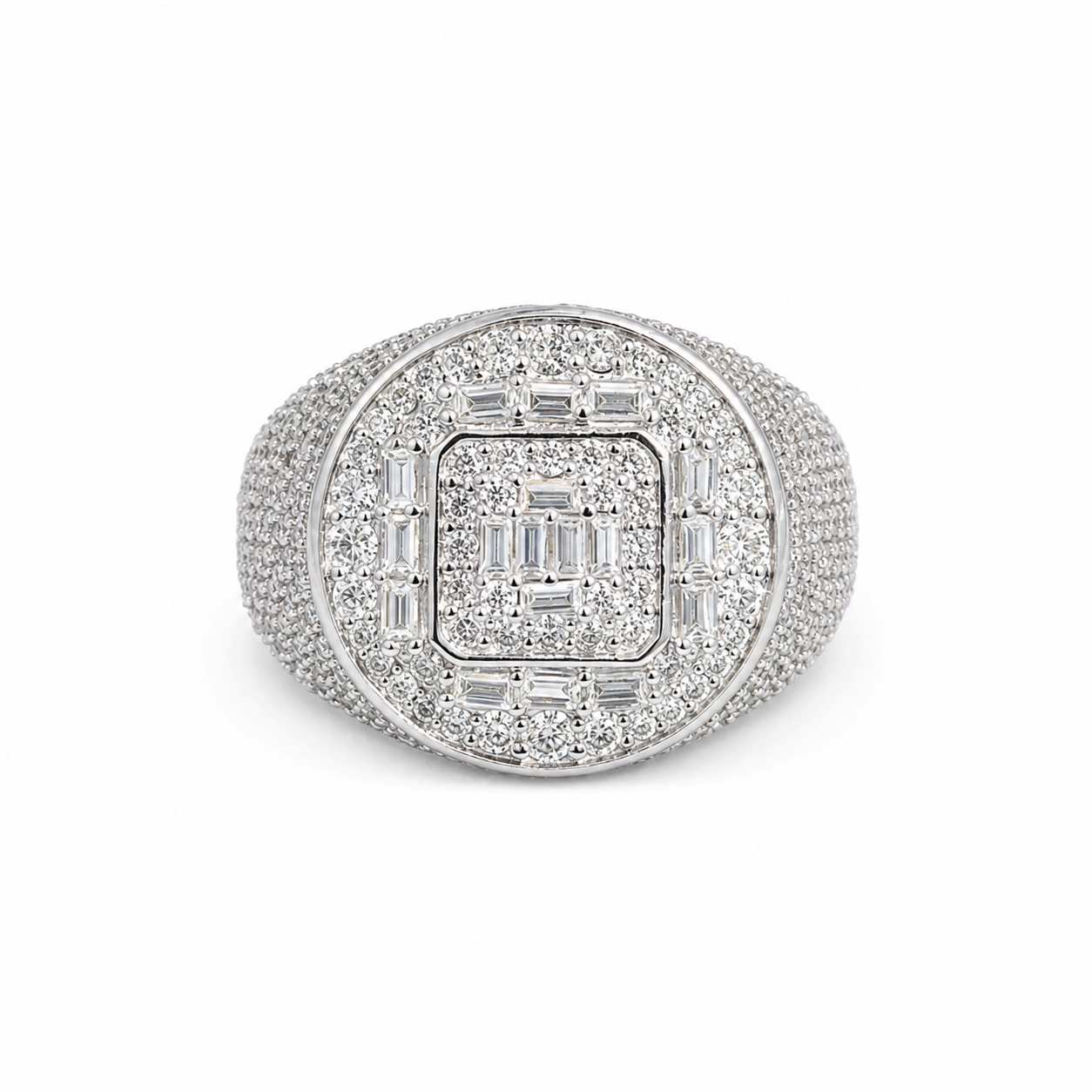 925 Sterling Silver Round Baguette Moissanite Signet Ring - view 1 on white background