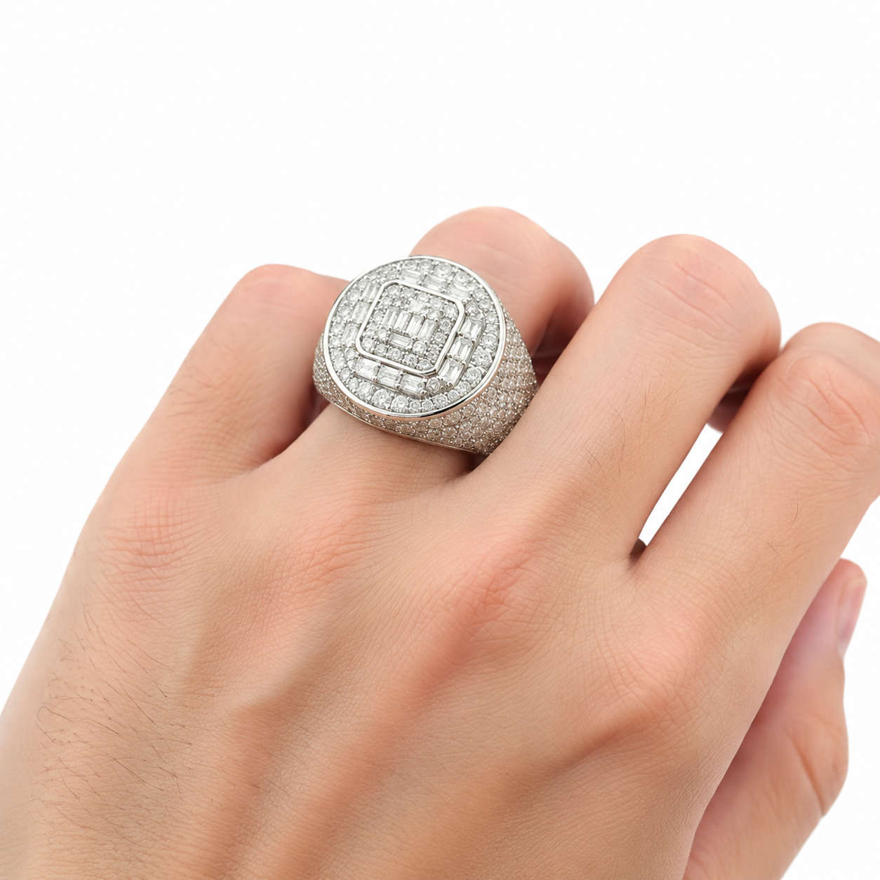 925 Sterling Silver Round Baguette Moissanite Signet Ring - view 2 on white background