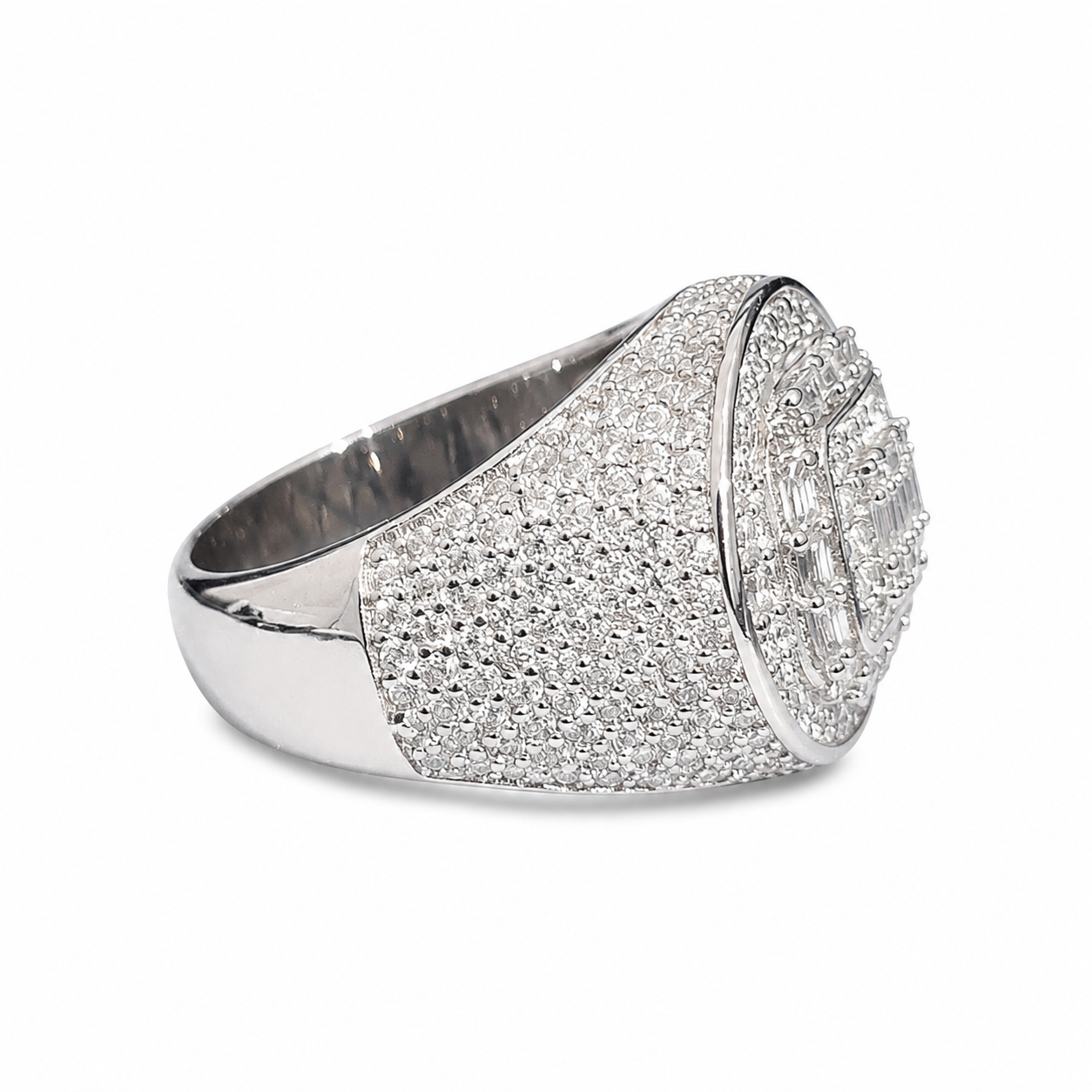925 Sterling Silver Round Baguette Moissanite Signet Ring - view 3 on white background