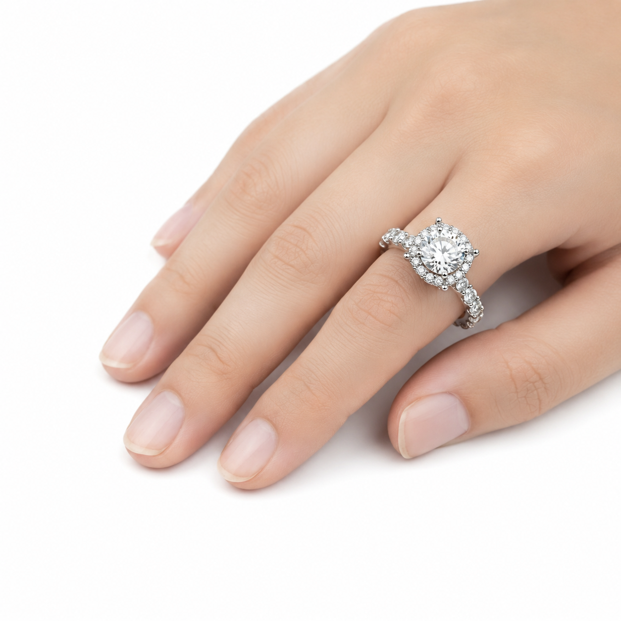 925 Sterling Silver Round Moissanite Halo Accent Ring - view 2 on white background