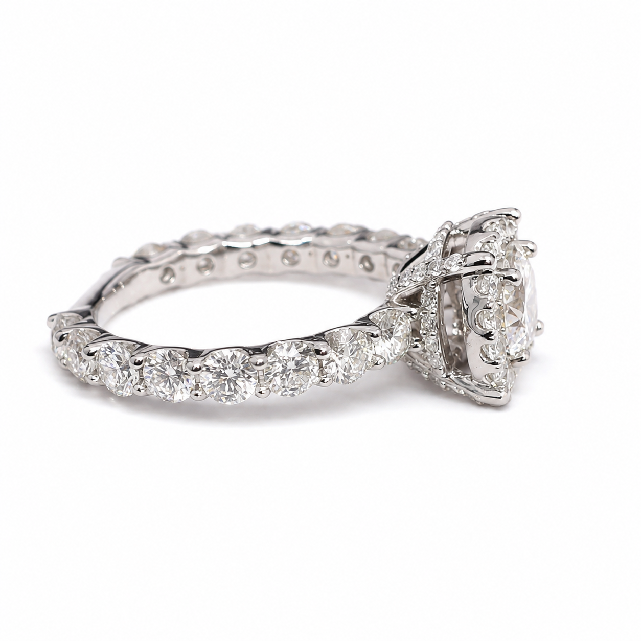 925 Sterling Silver Round Moissanite Halo Accent Ring - view 3 on white background