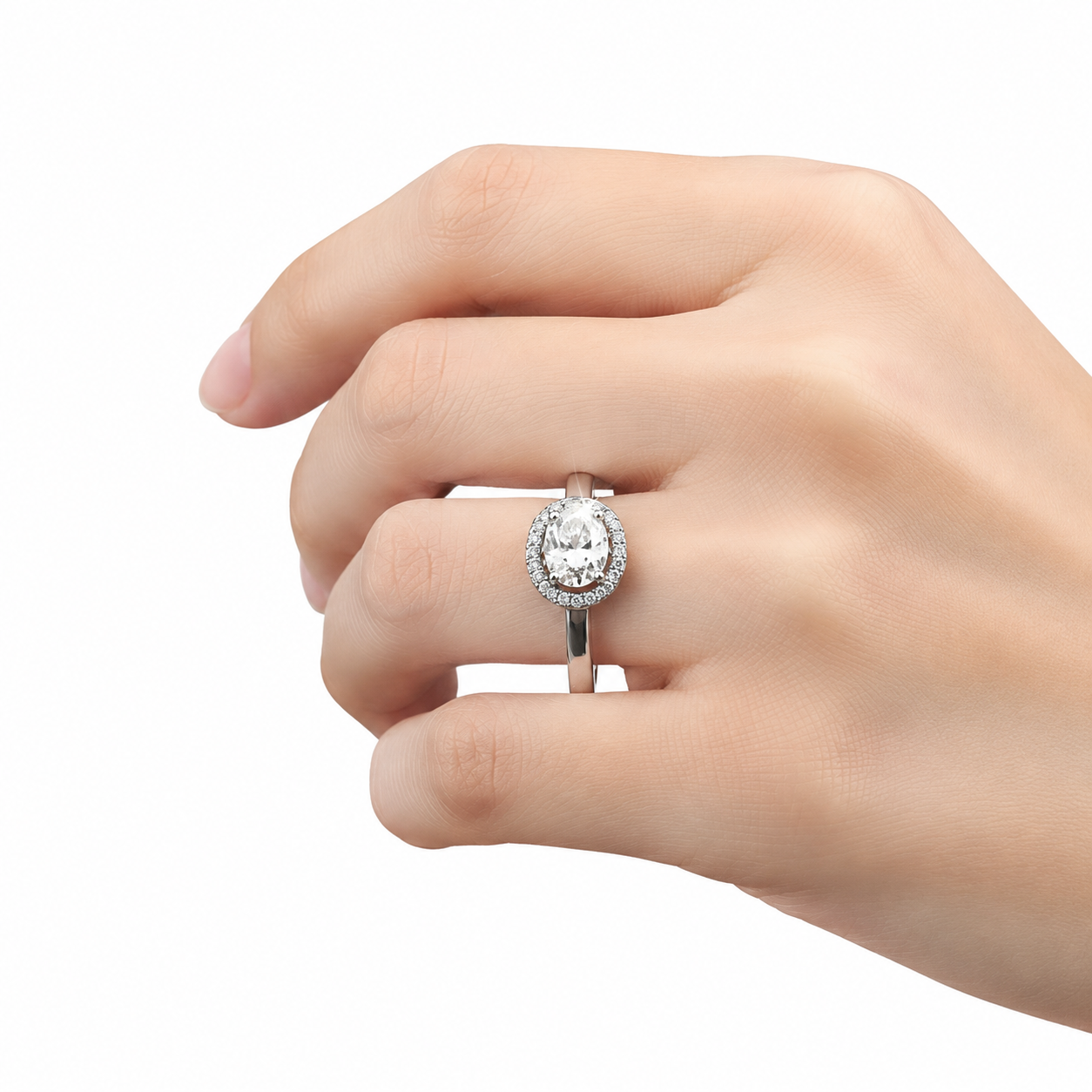 925 Sterling Silver Round Moissanite Halo Ring - view 2 on white background
