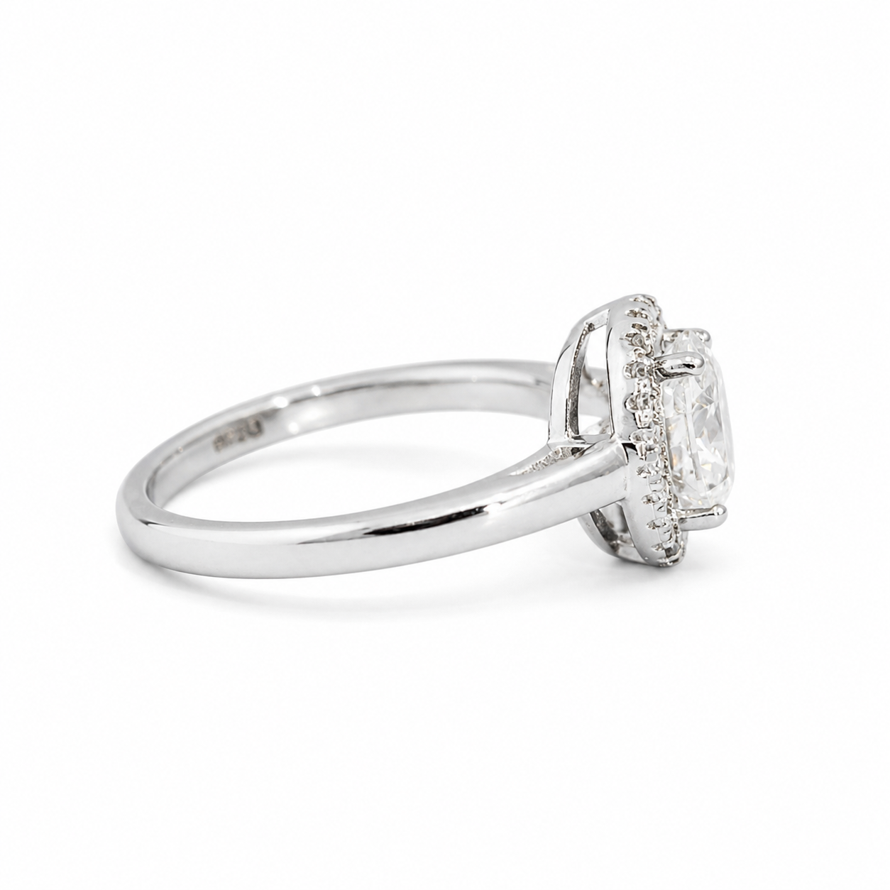 925 Sterling Silver Round Moissanite Halo Ring - view 3 on white background