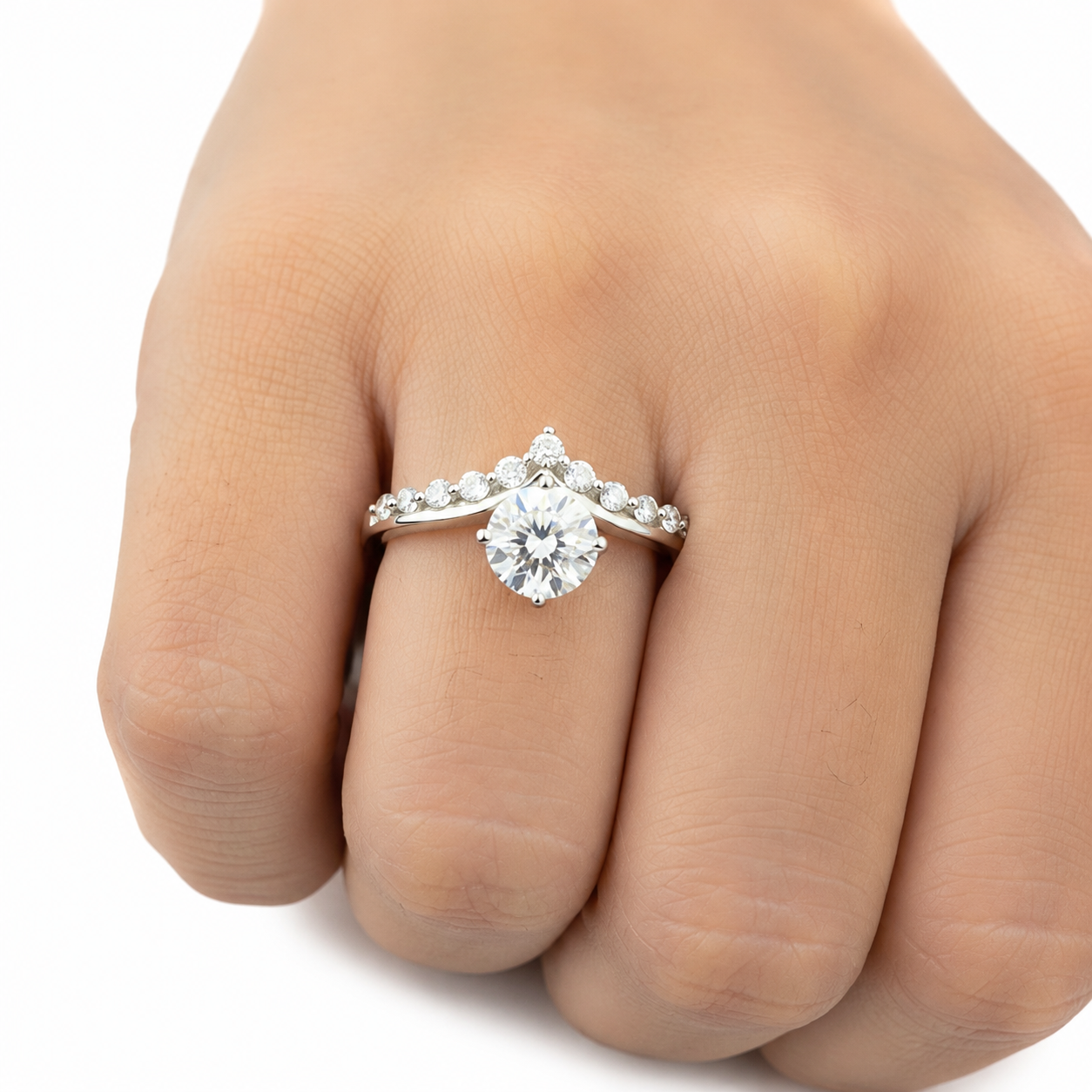 925 Sterling Silver Round Moissanite Three-Stone Accent Ring - view 2 on white background