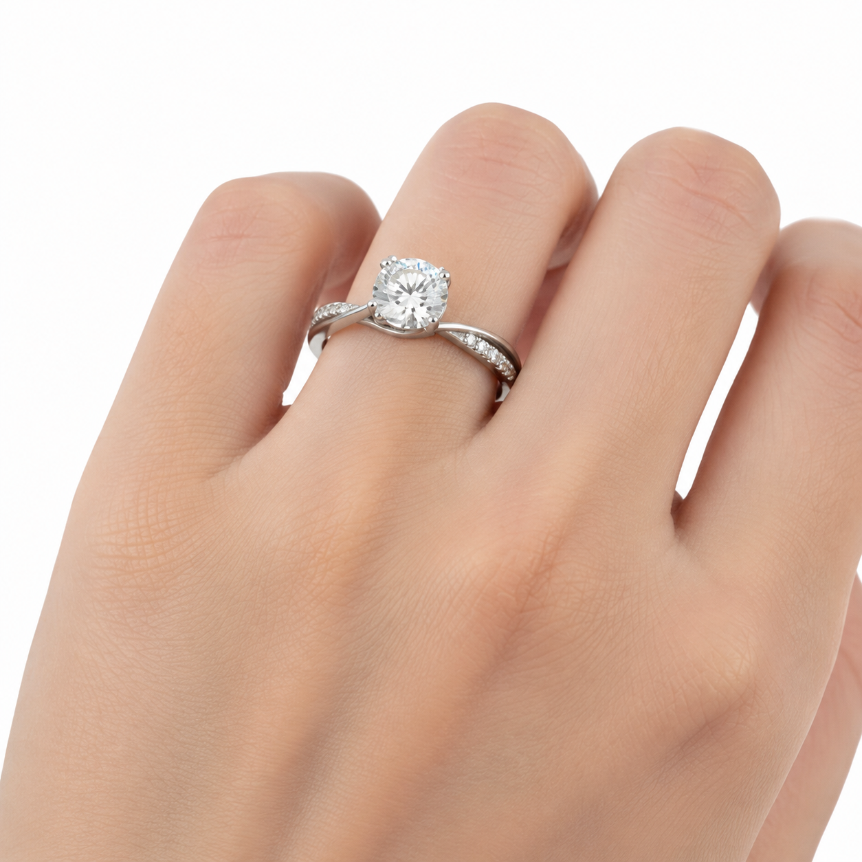 925 Sterling Silver Round Moissanite Twist Accent Ring - view 2 on white background
