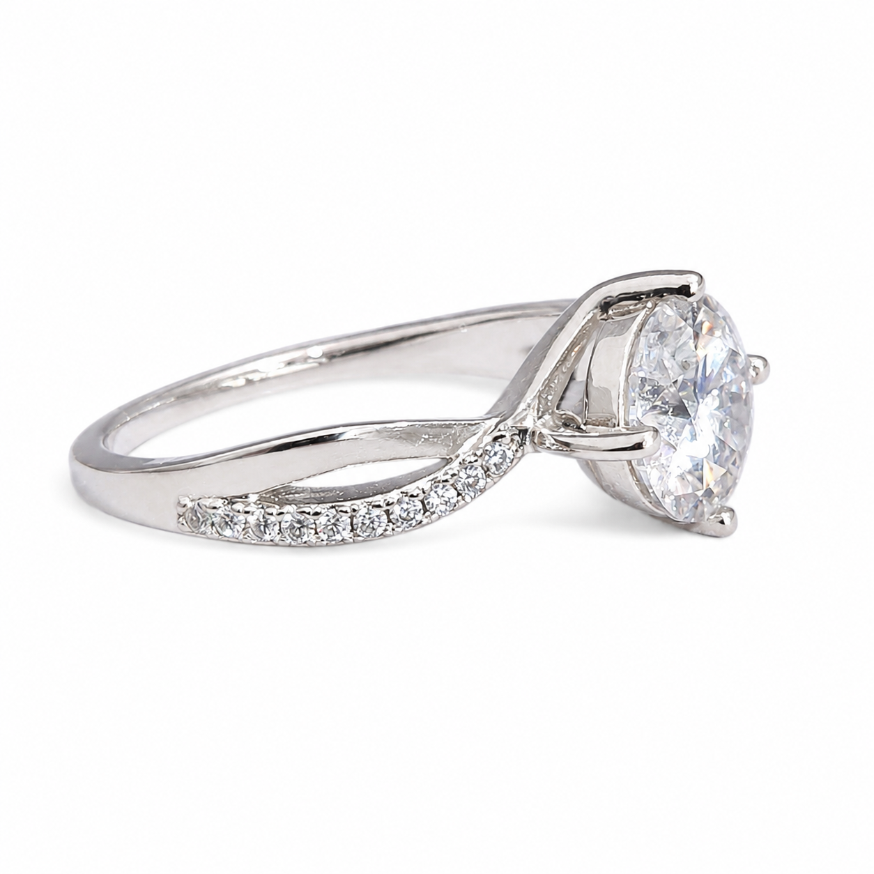 925 Sterling Silver Round Moissanite Twist Accent Ring - view 3 on white background